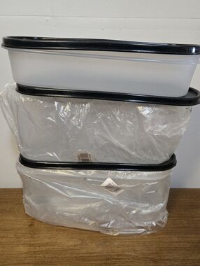 Tupperware Clear Plastic Storage Bins with Black Lids